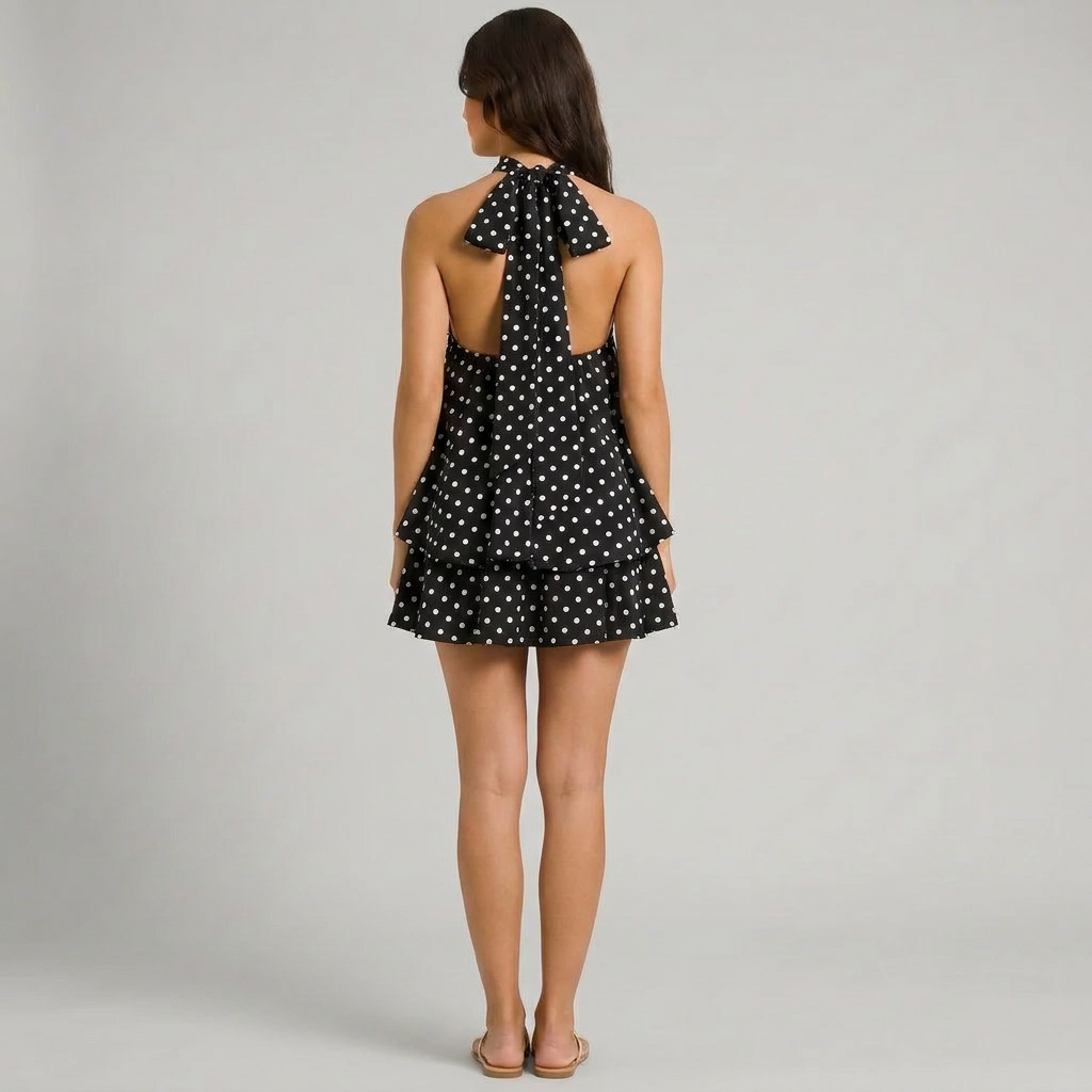 Back view of black Womens Boho Polka Dot Halter Neck Mini Dress by BELLA HUDSON