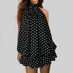 Detailed view of black Womens Boho Polka Dot Halter Neck Mini Dress by BELLA HUDSON