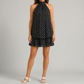 Front view of black Womens Boho Polka Dot Halter Neck Mini Dress by BELLA HUDSON