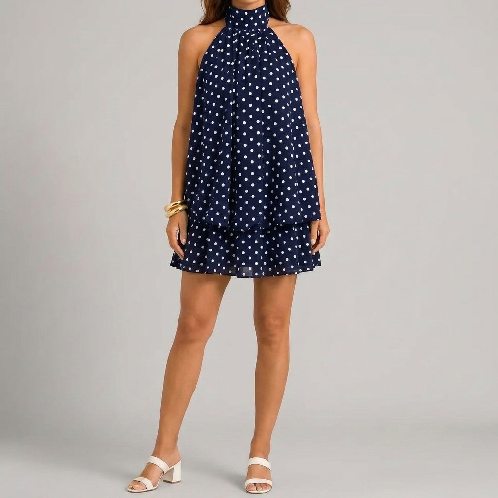 Front view of blue Womens Boho Polka Dot Halter Neck Mini Dress by BELLA HUDSON