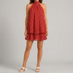 Front view of red Womens Boho Polka Dot Halter Neck Mini Dress by BELLA HUDSON