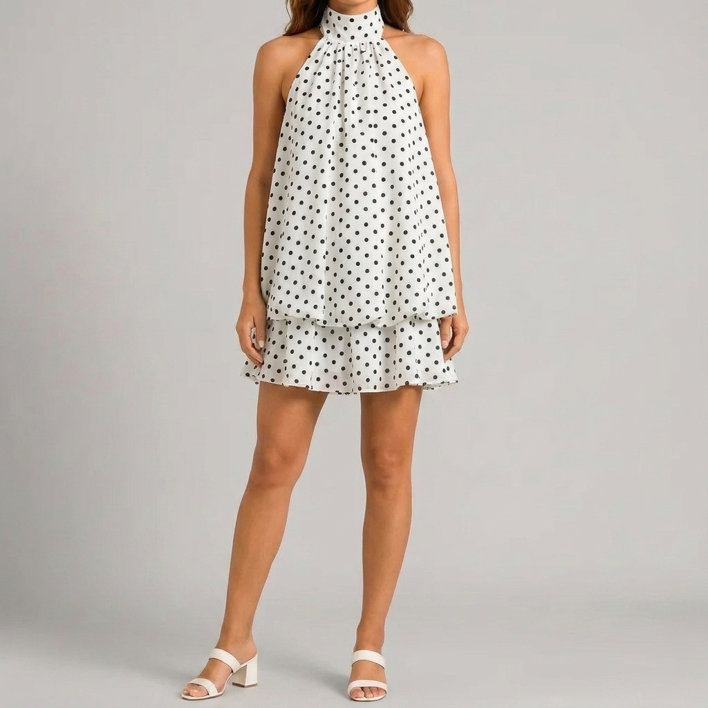 Front view of white Womens Boho Polka Dot Halter Neck Mini Dress by BELLA HUDSON