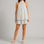 Front view of white Womens Boho Polka Dot Halter Neck Mini Dress by BELLA HUDSON