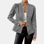 Front view of the Women's Chic Blazer in gray, featuring a classic notched lapel, tailored fit, button-front closure, and long sleeves for a sophisticated look. Designed by Bella Hudson.
