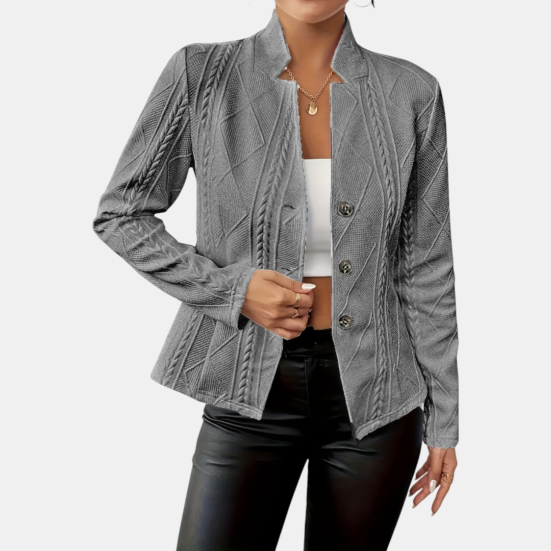 Front view of the Women's Chic Blazer in gray, featuring a classic notched lapel, tailored fit, button-front closure, and long sleeves for a sophisticated look. Designed by Bella Hudson.