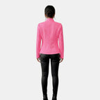 Back view of the Women's Chic Blazer in pink, highlighting the structured silhouette, long sleeves, and clean tailored back. Designed by Bella Hudson.