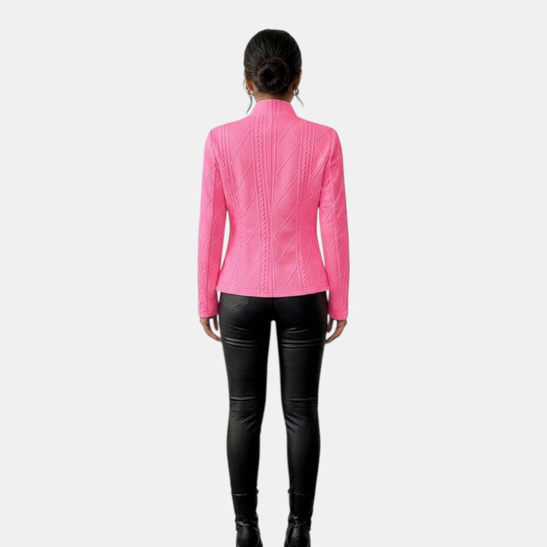 Back view of the Women's Chic Blazer in pink, highlighting the structured silhouette, long sleeves, and clean tailored back. Designed by Bella Hudson.
