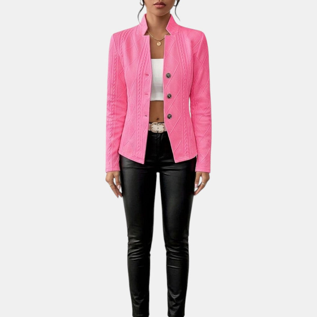 Front view of the Women's Chic Blazer in pink, featuring a tailored single-breasted design, notched lapel, button-front closure, long sleeves, and a structured silhouette. Designed by Bella Hudson.