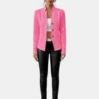 Front view of the Women's Chic Blazer in pink, featuring a tailored single-breasted design, notched lapel, button-front closure, long sleeves, and a structured silhouette. Designed by Bella Hudson.