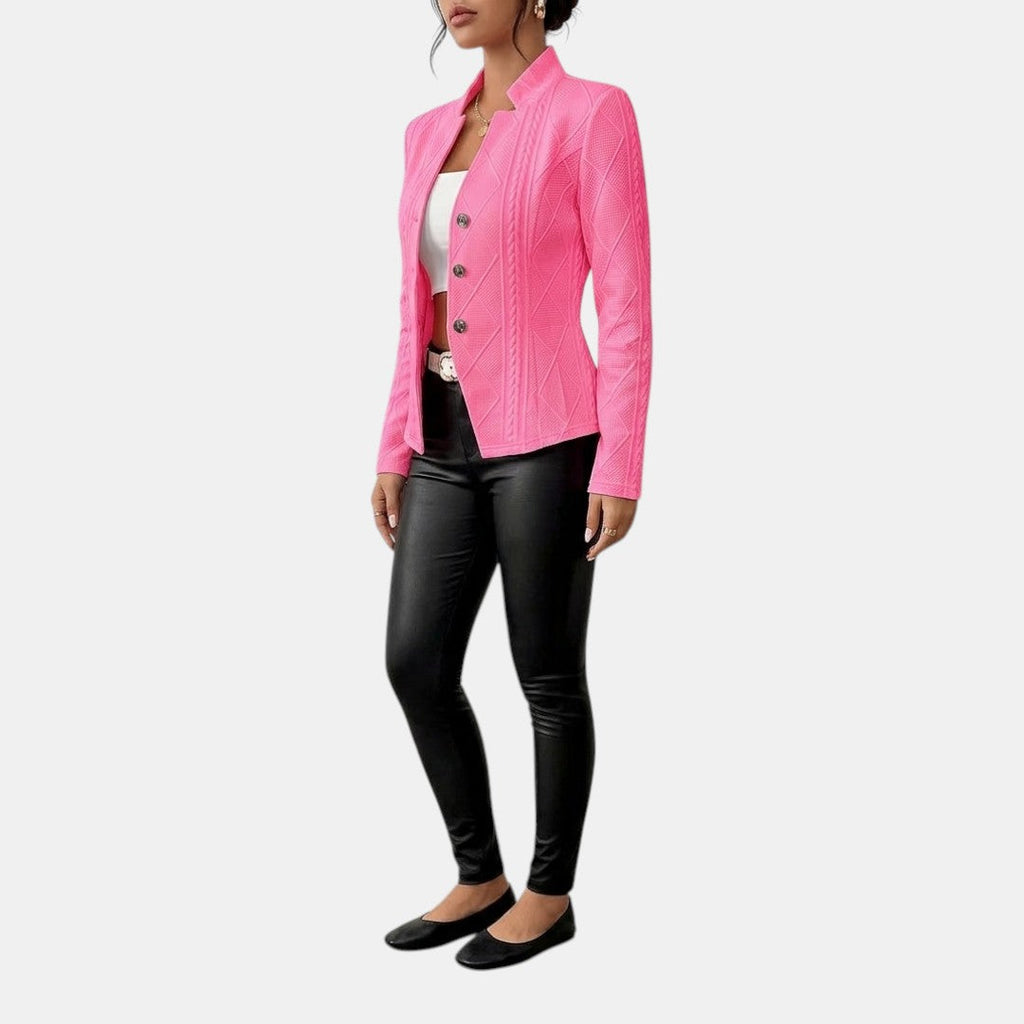 Side view of the Women's Chic Blazer in pink, showcasing the tailored fit, notched lapel, long sleeves, and clean side profile. Designed by Bella Hudson.