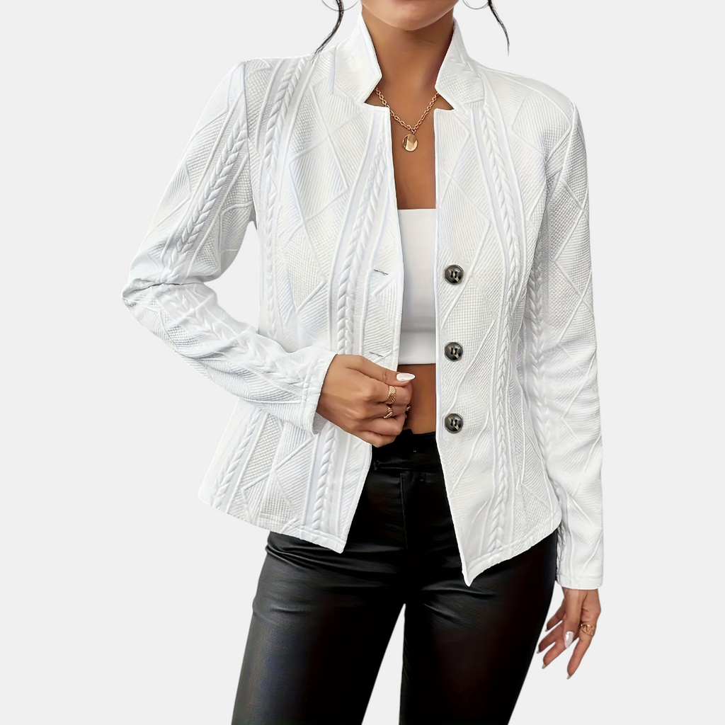 Front view of the Women's Chic Blazer in white, featuring a tailored single-breasted design, notched lapel, button-front closure, and a polished structured silhouette. Designed by Bella Hudson.