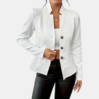 Front view of the Women's Chic Blazer in white, featuring a tailored single-breasted design, notched lapel, button-front closure, and a polished structured silhouette. Designed by Bella Hudson.