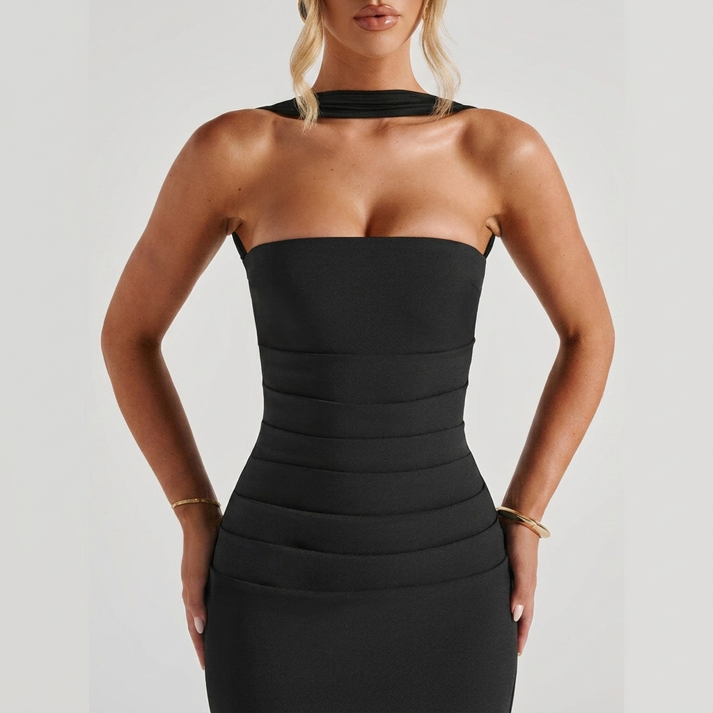 Close-up detail of the Women's Cocktail Maxi Dress Bodycon Fit with Styled Scarf in black, featuring the strapless neckline, structured bodice, and flattering bodycon fit. Designed by Bella Hudson.