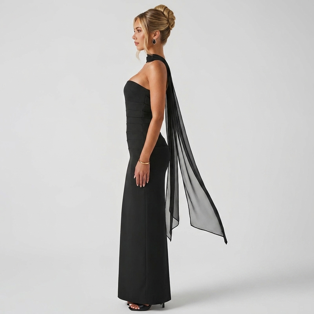 Side view of the Women's Cocktail Maxi Dress Bodycon Fit with Styled Scarf in black, showcasing the sleek bodycon fit, strapless neckline, and flowing sheer scarf detail. Designed by Bella Hudson.