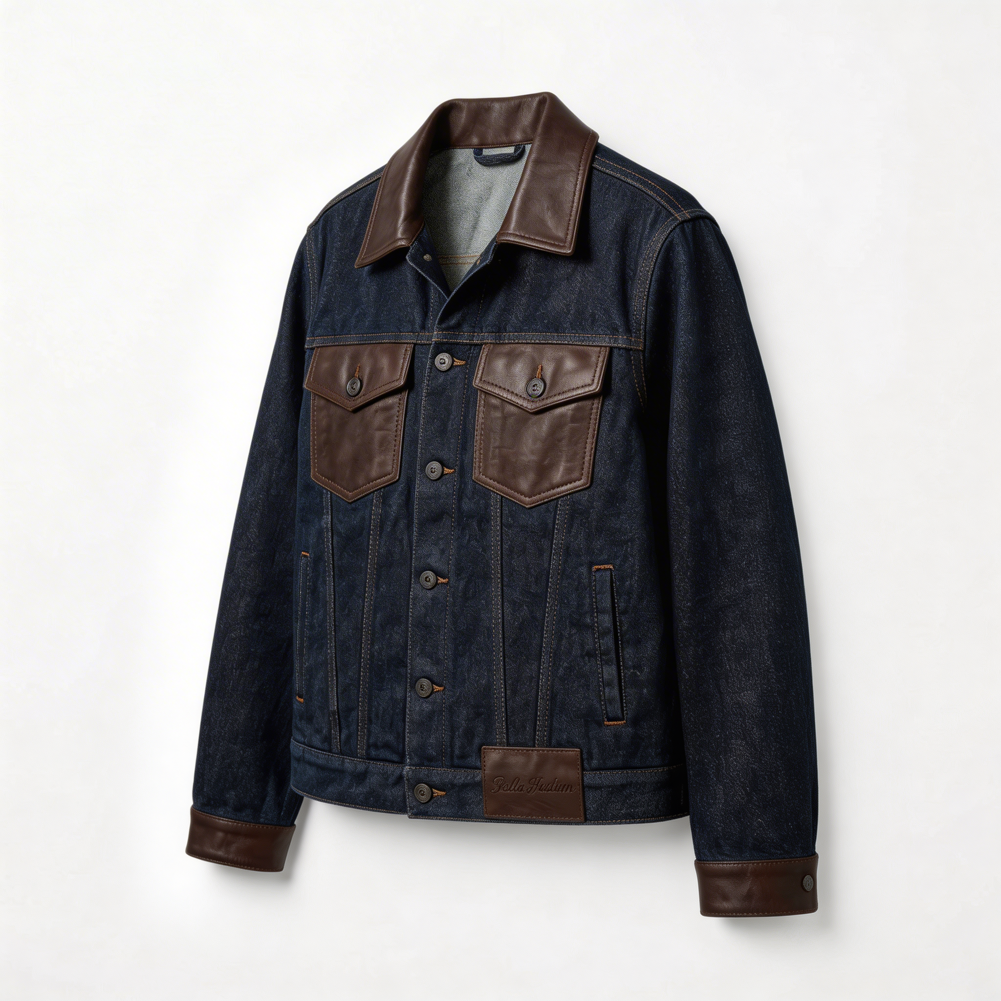 Women's dark blue denim jacket angled view with leather details BELLA HUDSON