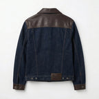 Women's dark blue denim jacket back view with leather details BELLA HUDSON