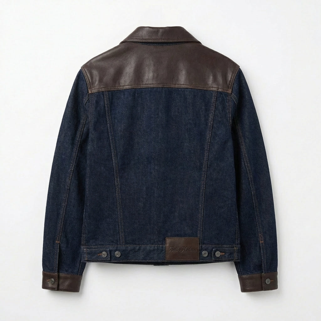 Women's dark blue denim jacket back view with leather details BELLA HUDSON