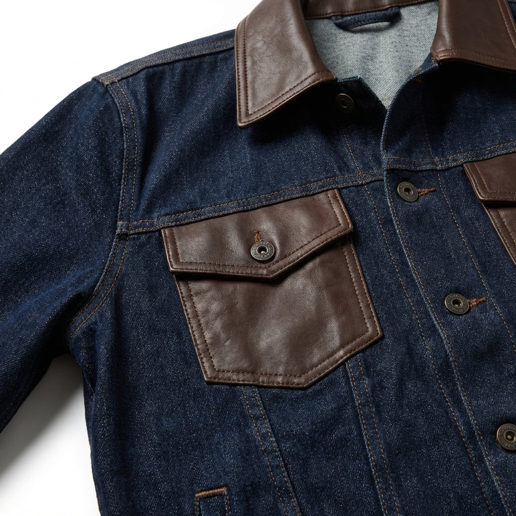 Close-up of dark blue denim jacket with leather pocket detail and stitching BELLA HUDSON