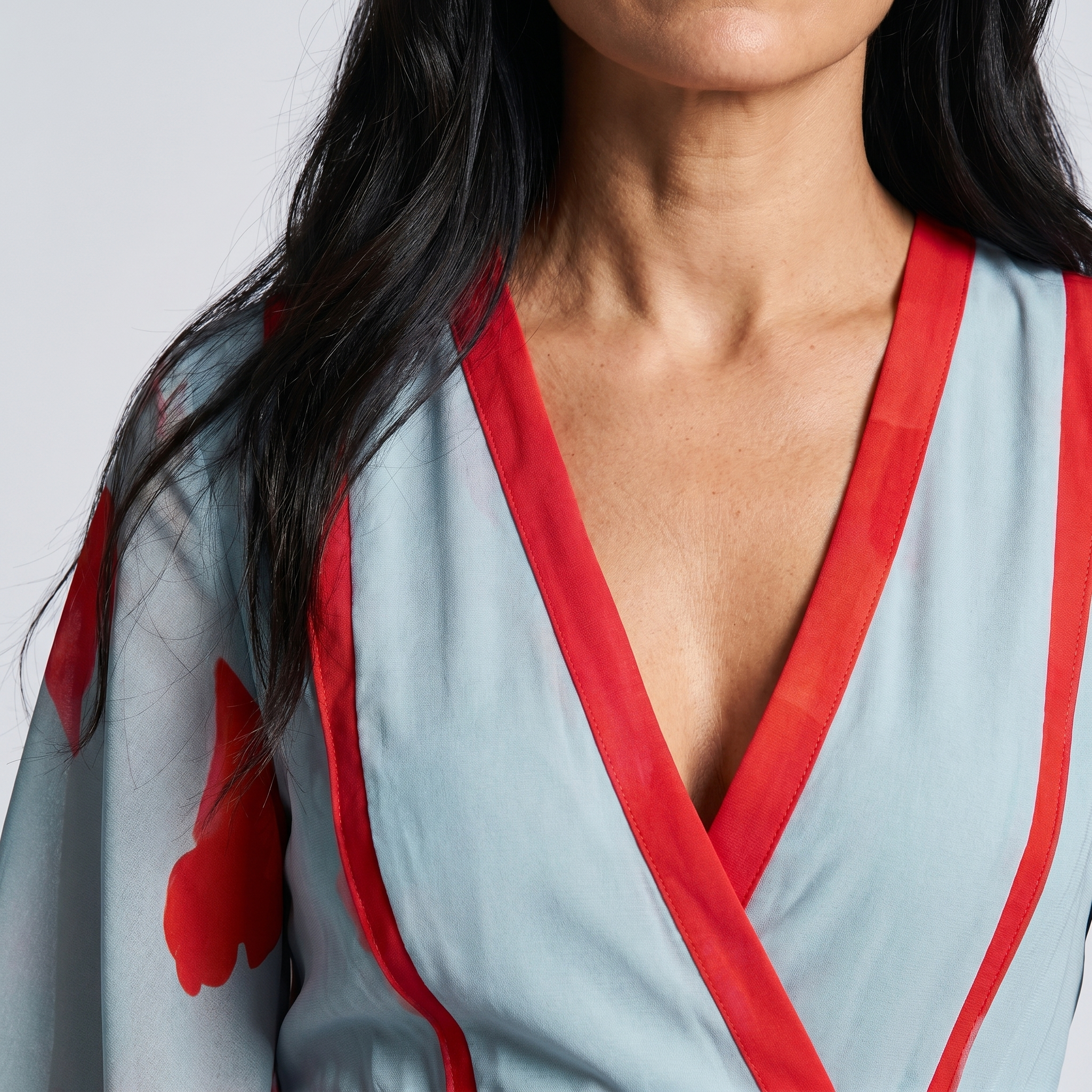 Detailed view of red Womens Deep V-Neck Floral Print Wrap Maxi Dress by BELLA HUDSON