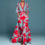 Front view of red Womens Deep V-Neck Floral Print Wrap Maxi Dress by BELLA HUDSON