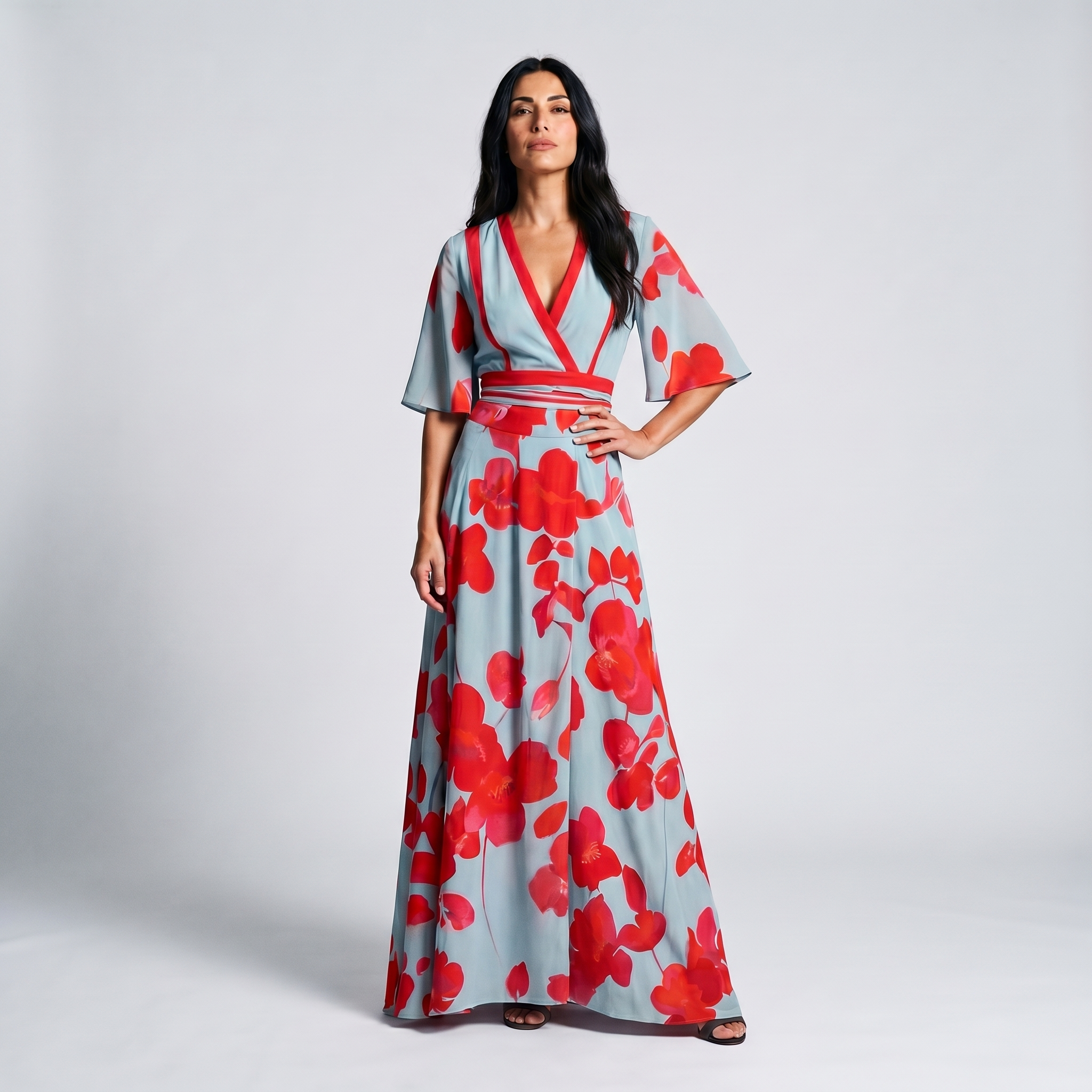 Alternate side view of red Womens Deep V-Neck Floral Print Wrap Maxi Dress by BELLA HUDSON