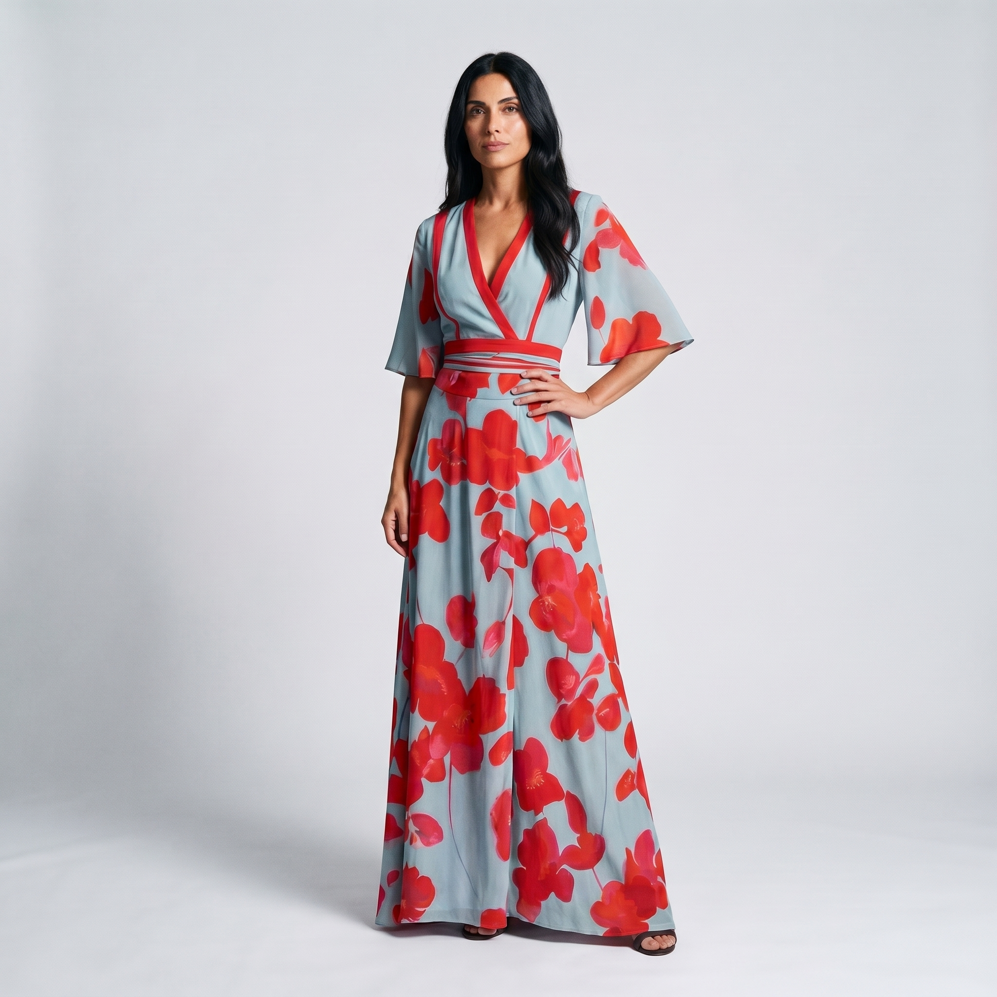 Side view of red Womens Deep V-Neck Floral Print Wrap Maxi Dress by BELLA HUDSON