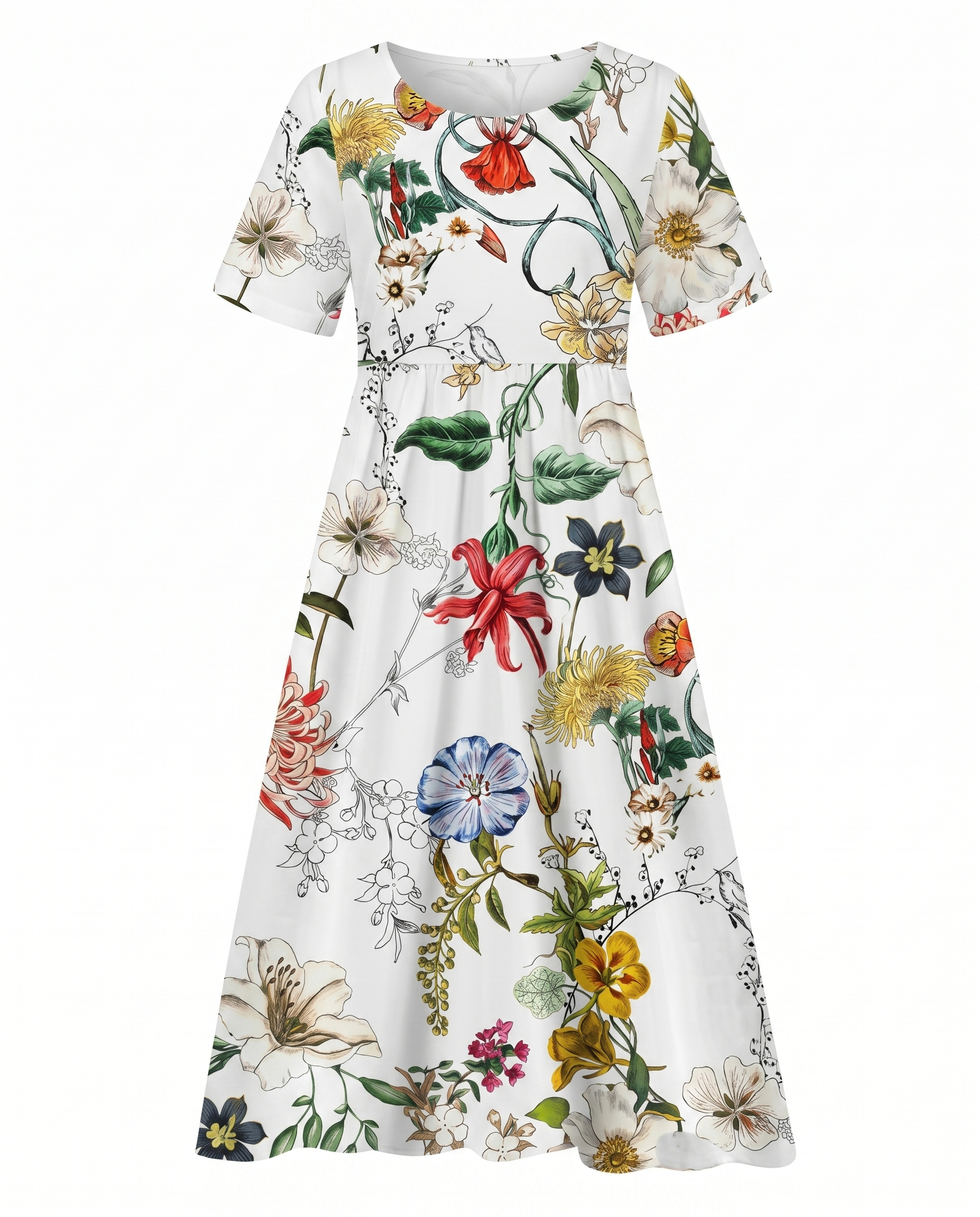 Front view of green floral print midi dress with short sleeves, empire waist and pockets by BELLA HUDSON