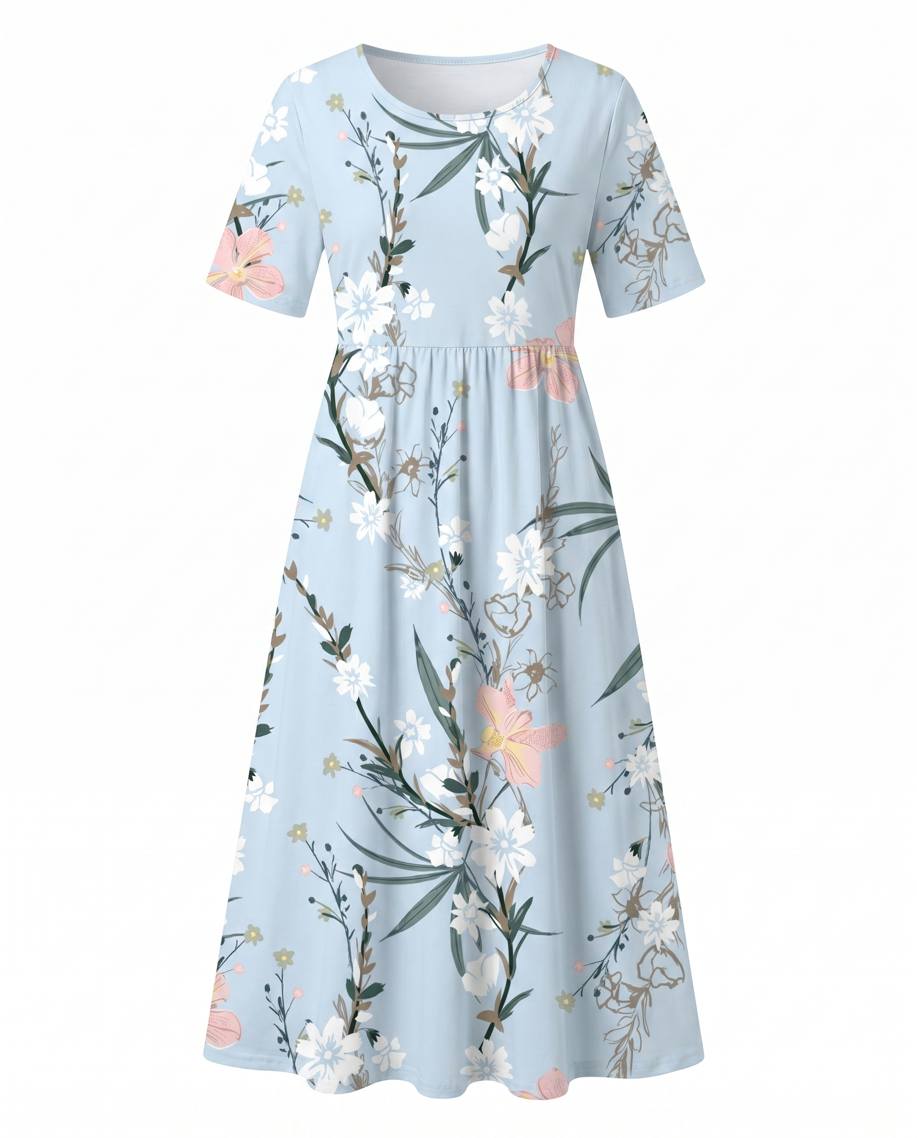 Front view of light blue floral print midi dress with short sleeves, empire waist and pockets by BELLA HUDSON