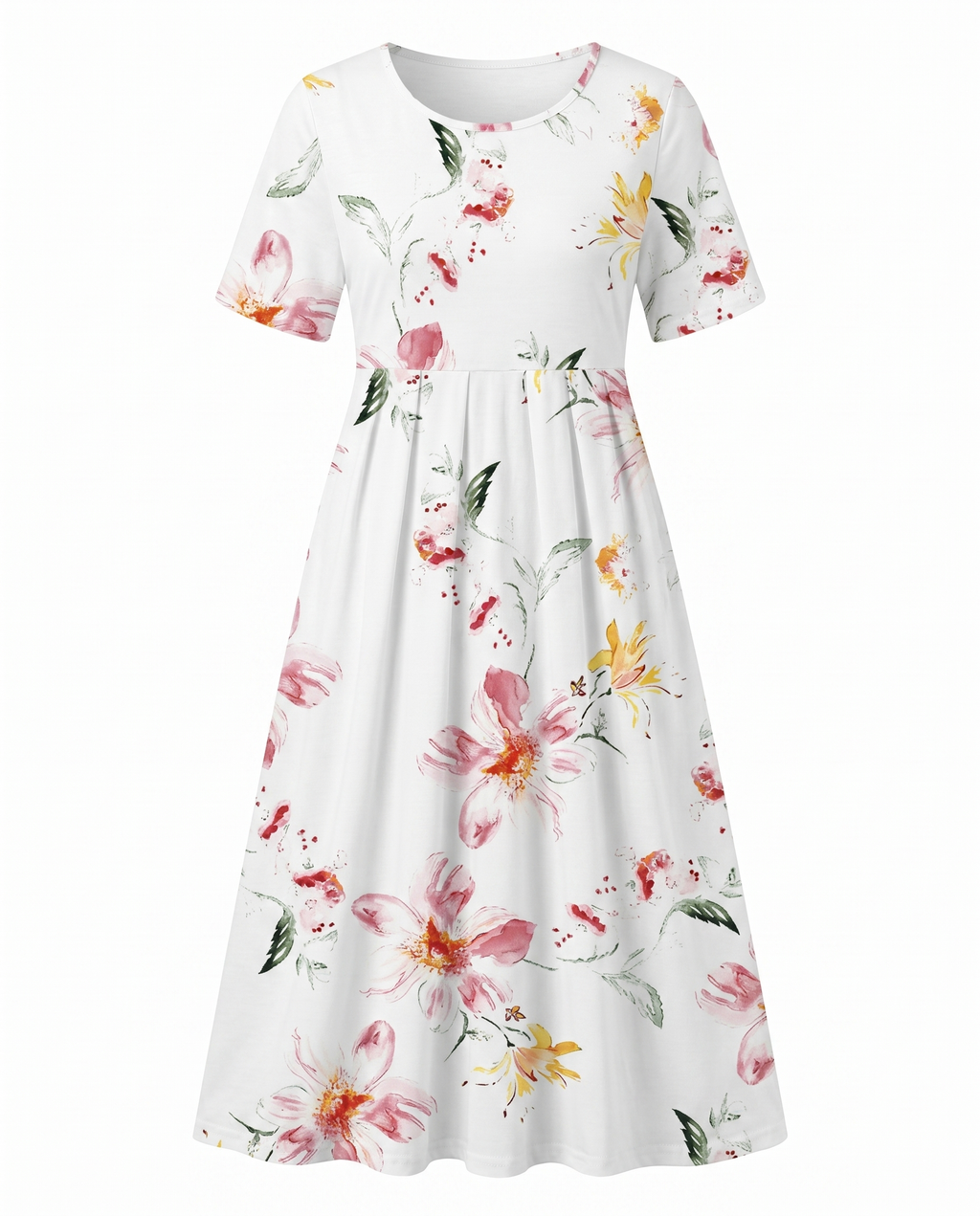 Front view of pink floral print midi dress with short sleeves, empire waist and pockets by BELLA HUDSON