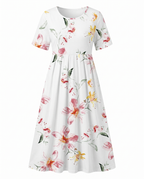 Front view of pink floral print midi dress with short sleeves, empire waist and pockets by BELLA HUDSON