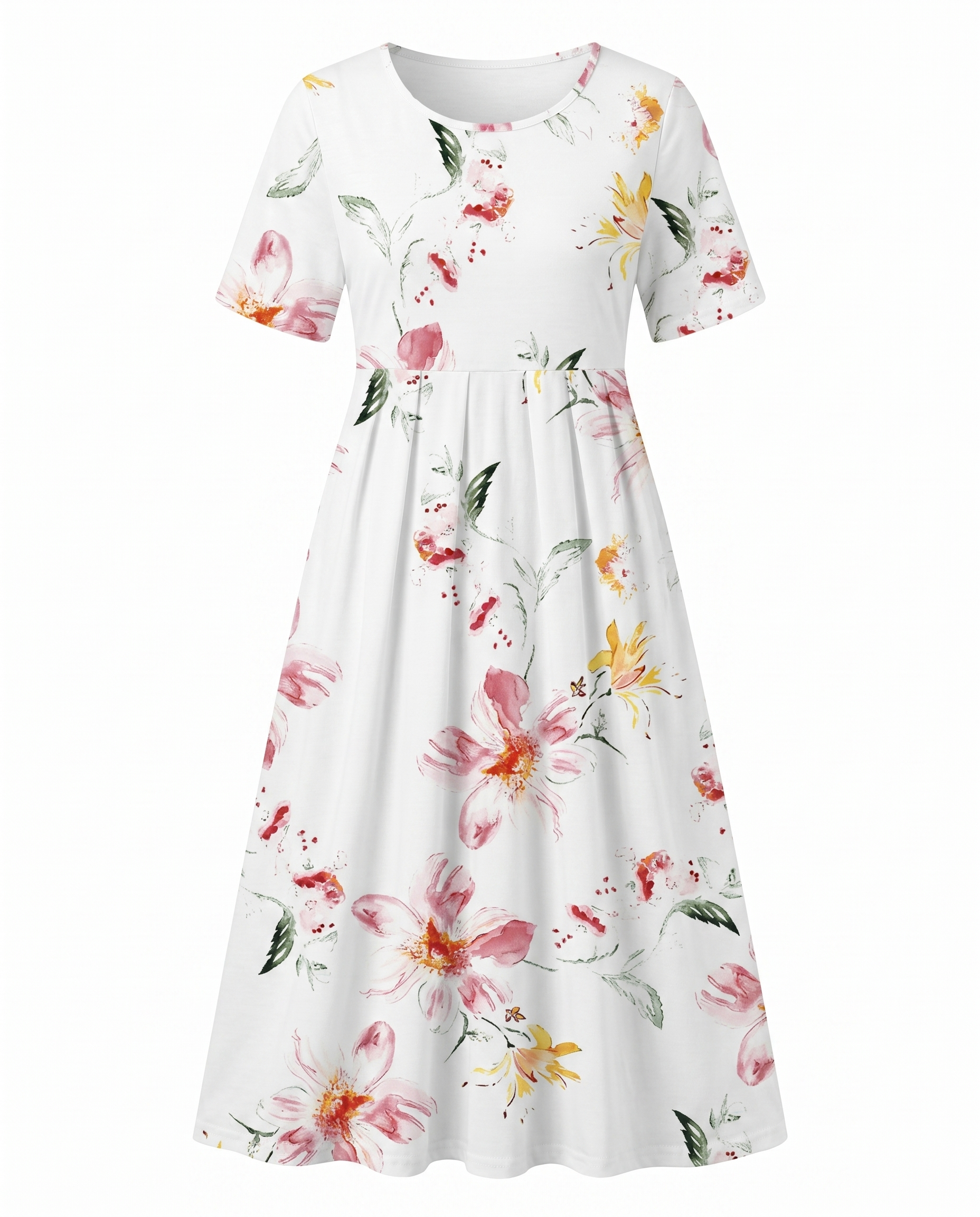 Front view of pink floral print midi dress with short sleeves, empire waist and pockets by BELLA HUDSON