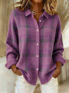 Hailey Plaid Knit Button-Front Cardigan Pointed Collar Relaxed Fit