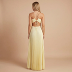 Back view of the Women's Wedding Guest Maxi Dress with a strapless bodice and high-split design in light yellow, highlighting the ruched sweetheart bodice, gathered waist, and elegant pleated skirt. Designed by Bella Hudson.