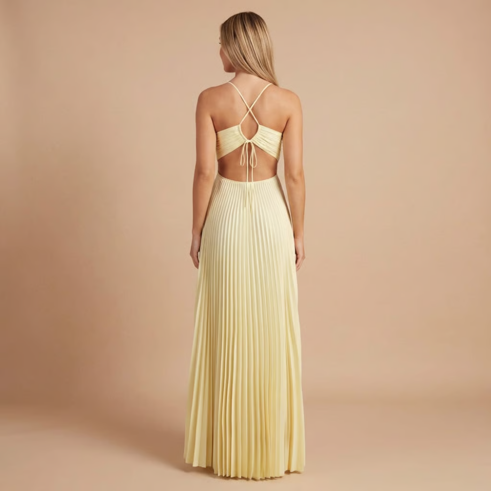 Back view of the Women's Wedding Guest Maxi Dress with a strapless bodice and high-split design in light yellow, highlighting the ruched sweetheart bodice, gathered waist, and elegant pleated skirt. Designed by Bella Hudson.