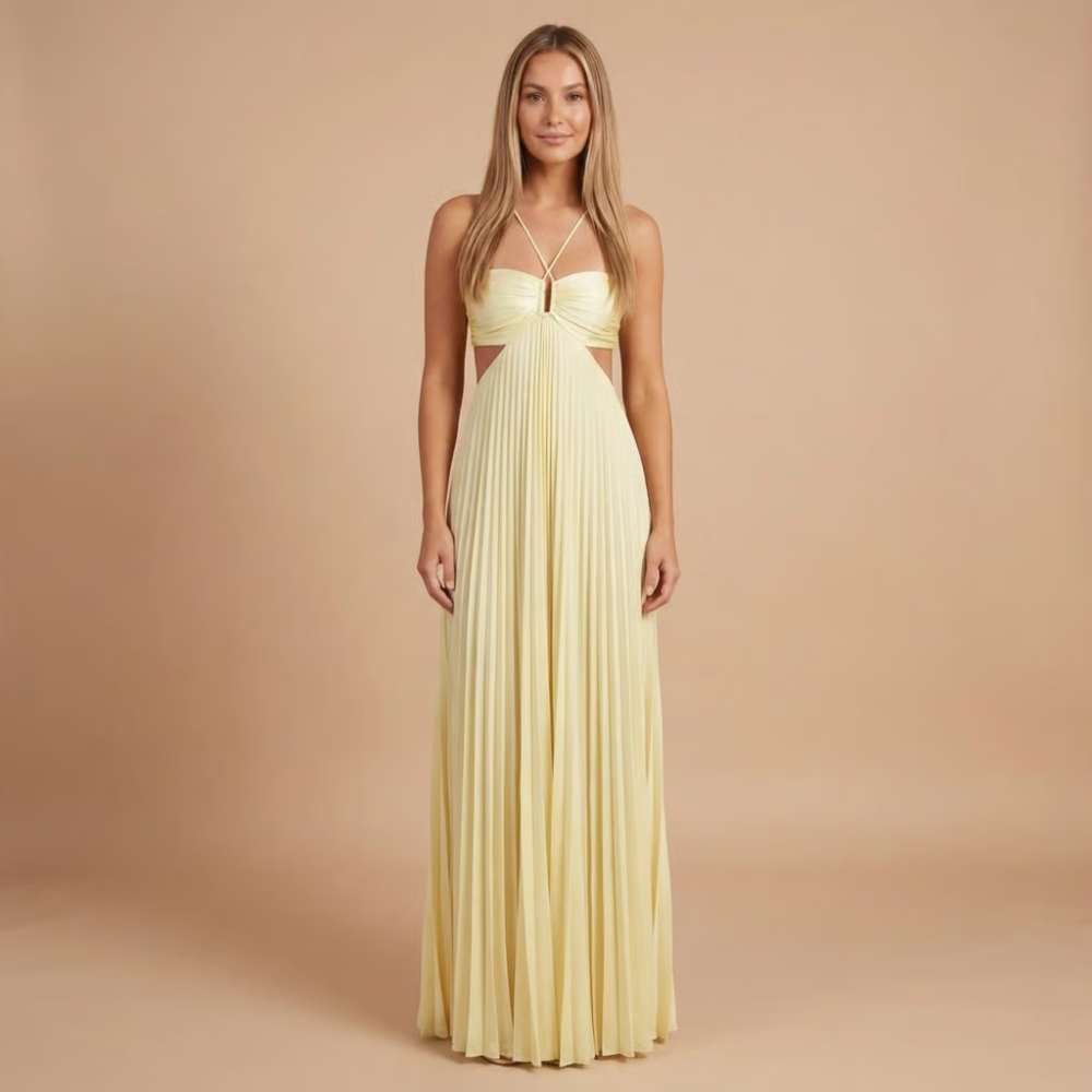 Front view of the Women's Wedding Guest Maxi Dress with a strapless bodice and high-split design in light yellow, featuring a ruched sweetheart neckline, flowing pleated maxi skirt, and an elegant floor-length silhouette. Designed by Bella Hudson.
