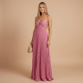Front view of the Women's Wedding Guest Maxi Dress with a strapless bodice and high-split design in pink, featuring a ruched sweetheart bodice, flowing pleated skirt, and graceful full-length silhouette. Designed by Bella Hudson.