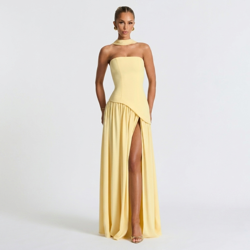 Front view of the Women's Wedding Guest Maxi Dress with a strapless bodice and high-split design in yellow, featuring a sleek strapless neckline, gathered waist, and flowing maxi-length skirt for effortless elegance. Designed by Bella Hudson.