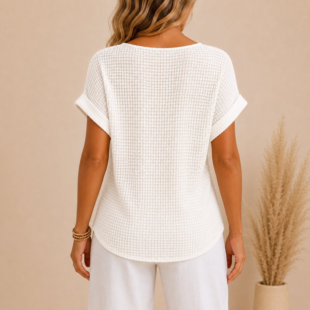 Wren Lightweight Crochet Short Sleeve Blouse - Back View - Designed by Bella Hudson 