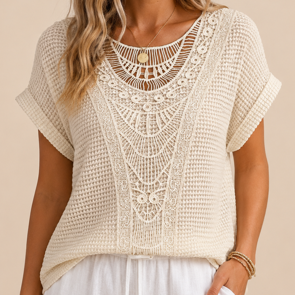 Wren Lightweight Crochet Short Sleeve Blouse - Front Close-Up View - Designed by Bella Hudson
