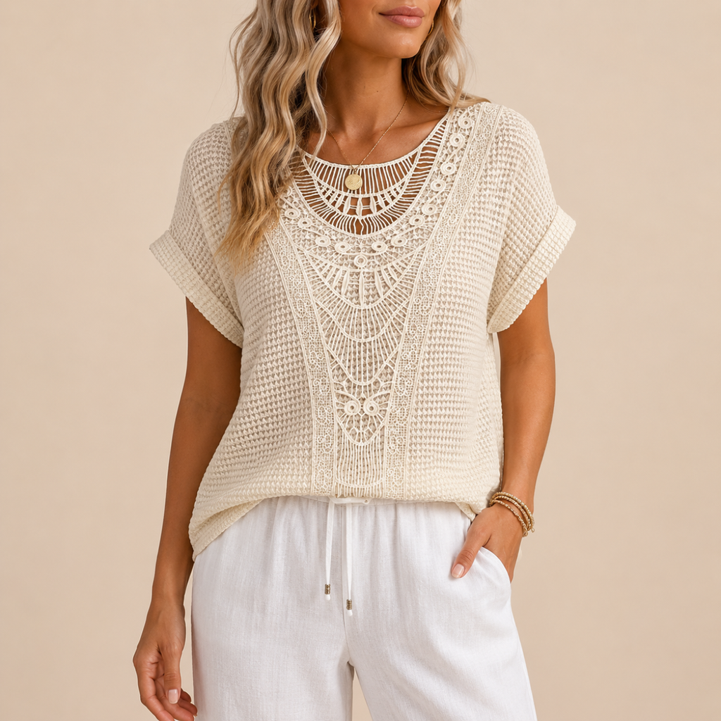 Wren Lightweight Crochet Short Sleeve Blouse - Front View - Designed by Bella Hudson
