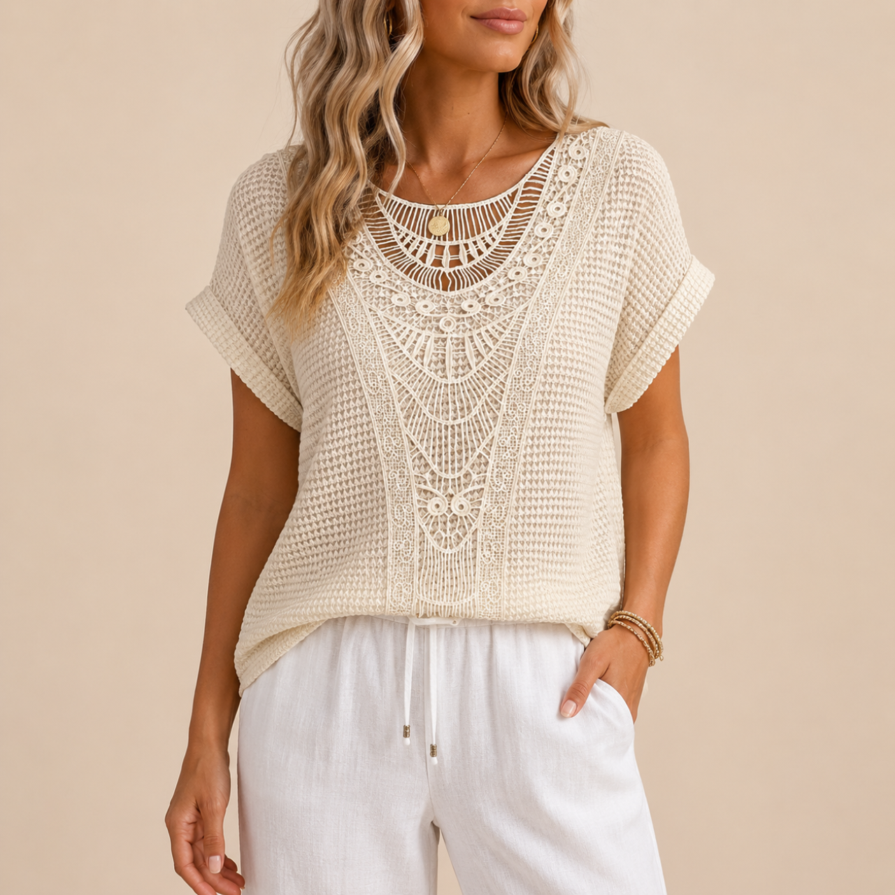 Wren Lightweight Crochet Short Sleeve Blouse - Front View - Designed by Bella Hudson
