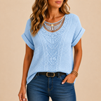 Wren Lightweight Crochet Short Sleeve Blouse - Light Blue - Designed by Bella Hudson
