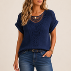 Wren Lightweight Crochet Short Sleeve Blouse - Navy Blue - Designed by Bella Hudson

