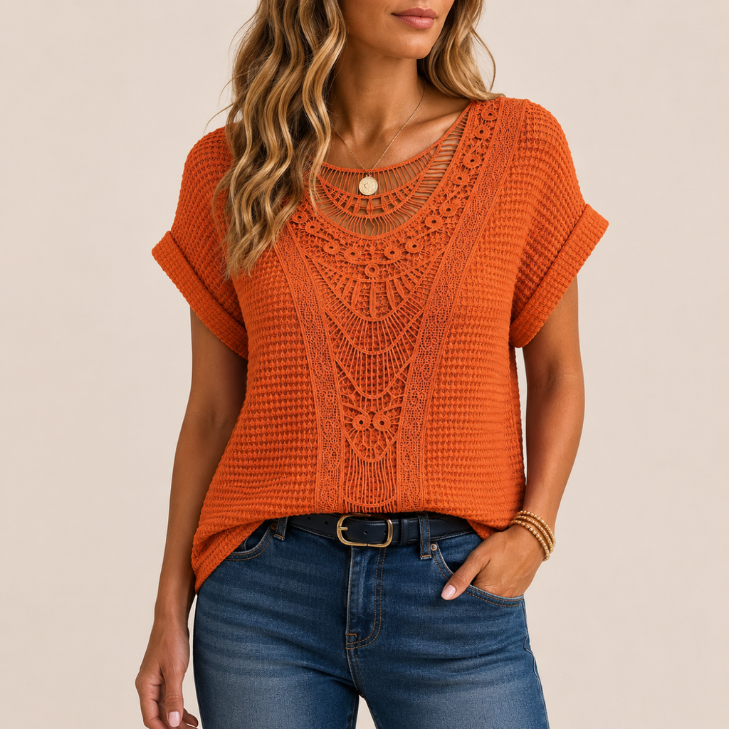 Wren Lightweight Crochet Short Sleeve Blouse - Orange - Designed by Bella Hudson
