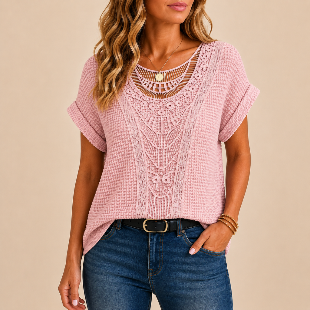 Wren Lightweight Crochet Short Sleeve Blouse - Pink - Designed by Bella Hudson
