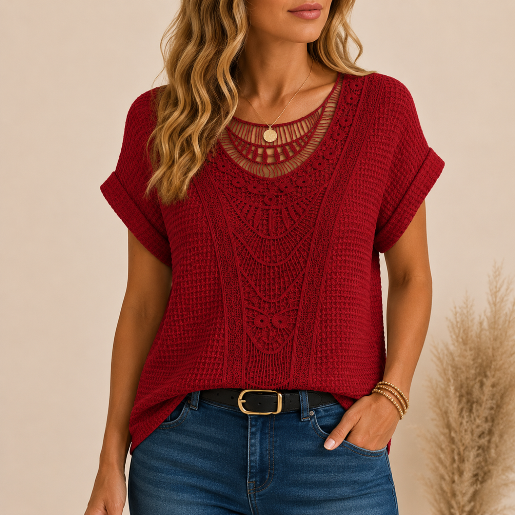 Wren Lightweight Crochet Short Sleeve Blouse - Red - Designed by Bella Hudson
