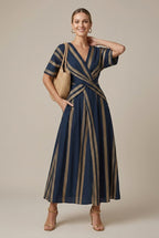 Wren wrap striped V-neck maxi dress, Navy Blue