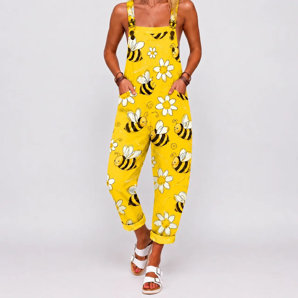 Yellow jumpsuit with bee and daisy print full front view BELLA HUDSON