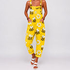 Yellow jumpsuit with bee and daisy print full front view BELLA HUDSON