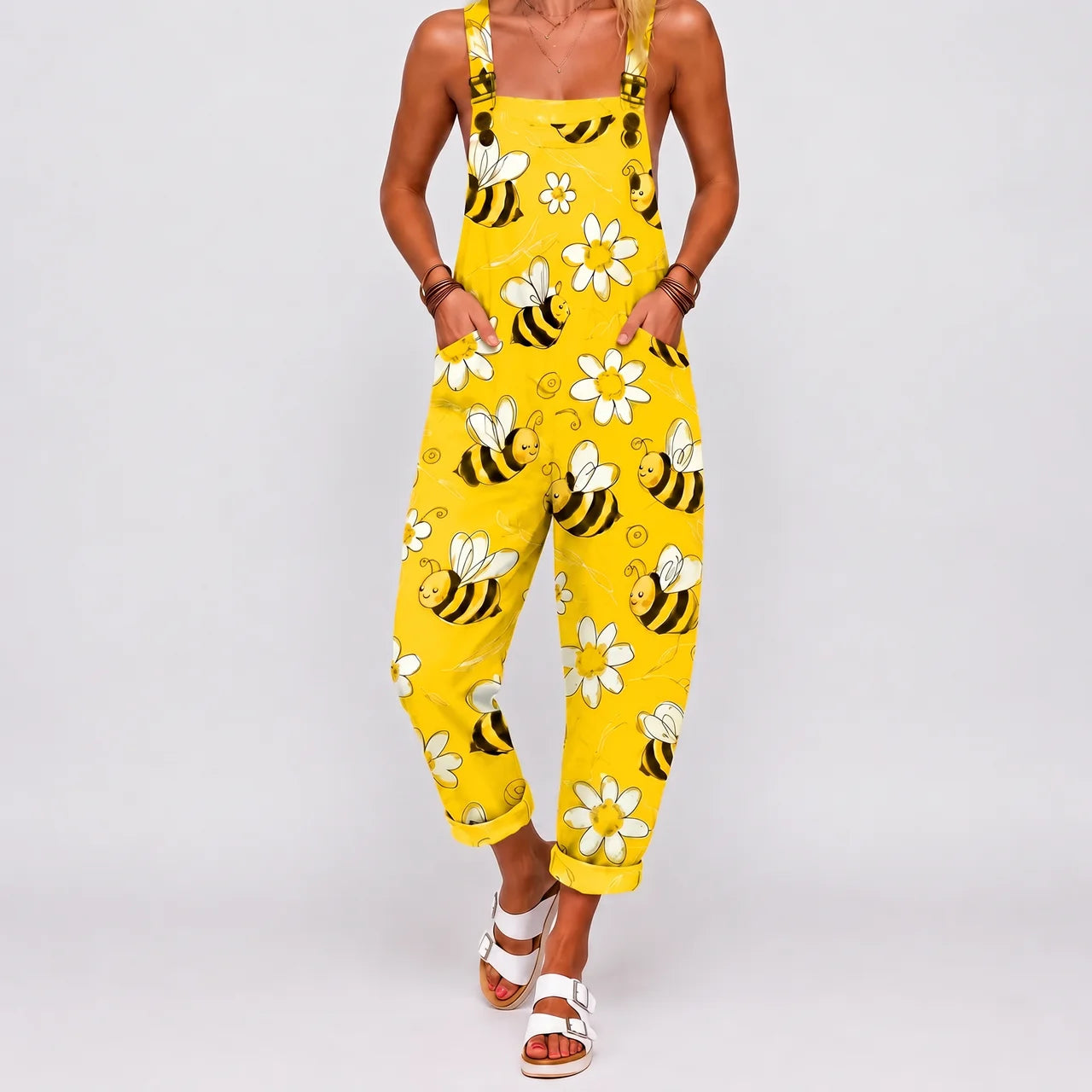 Yellow jumpsuit with bee and daisy print full front view BELLA HUDSON